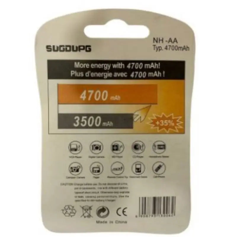 Pilha AA Sugdupg Recarregável De 4700mah 4 Unidades