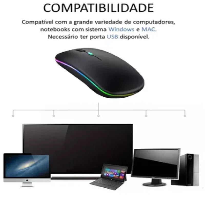 Mouse Bluetooth RGB Bateria Interna Recarregável