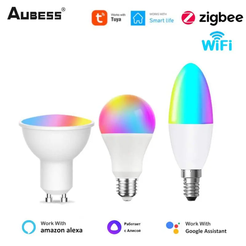 Lâmpada mágica regulável inteligente 
AUBESS Tuya WiFi ZigBee E14 E14 GU10 RGBCW Lâmpada LED para aplicativo Smart Life Alexa Google Home Yandex Alice